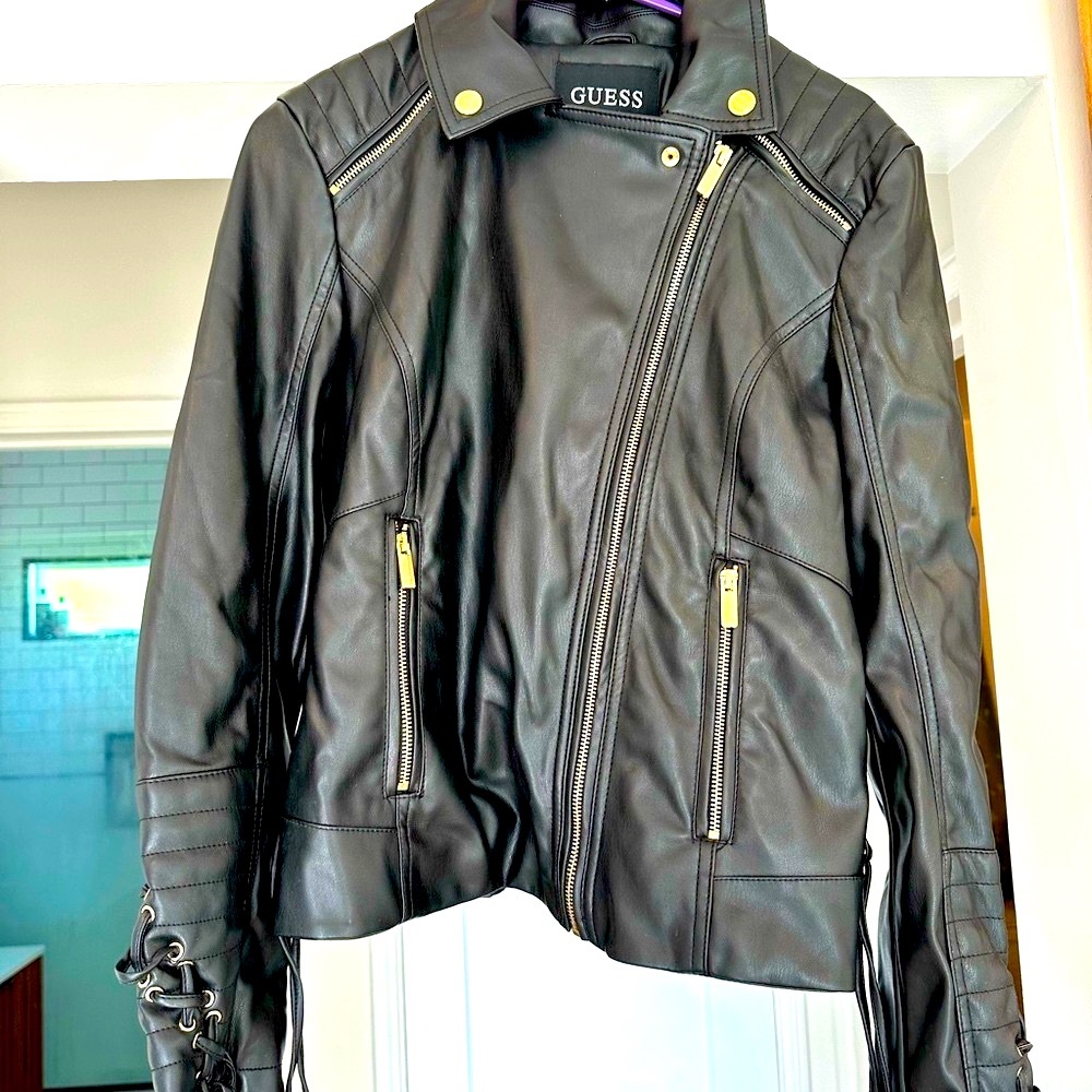 Guess Women's Black Vegan Leather Moto Jacket with Gold Accents Large (Size 8)